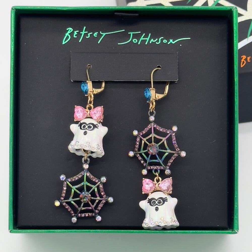 Betsey Johnson Ghost With Bow & Spider Web Drop Mismatch Earrings Halloween NEW